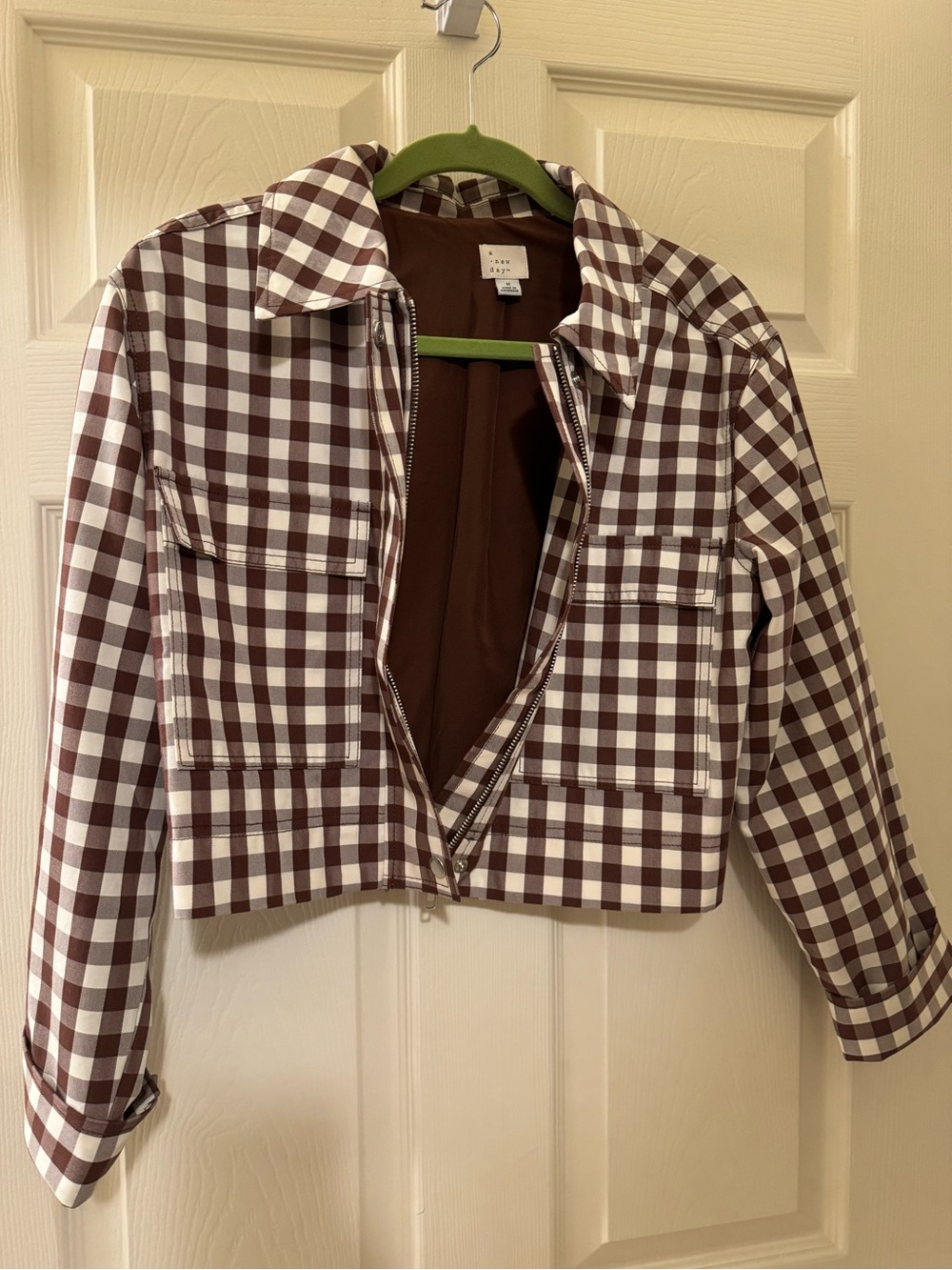 Gingham Cropped Jacket in Brown & White - A New Day Women's Jacket size Medium